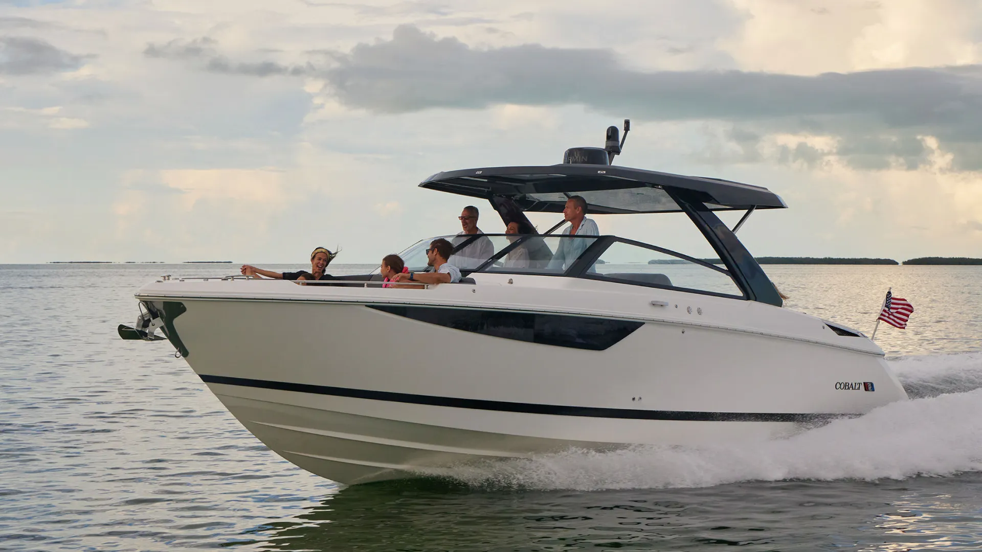 Cobalt luxury bowrider underway on open water